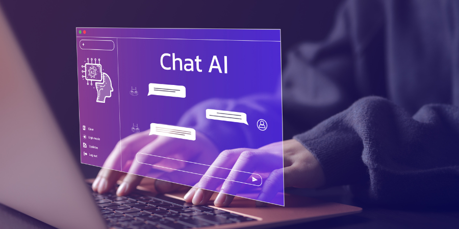 Na grafice widać ręce na klawiaturze i tekst chat AI.