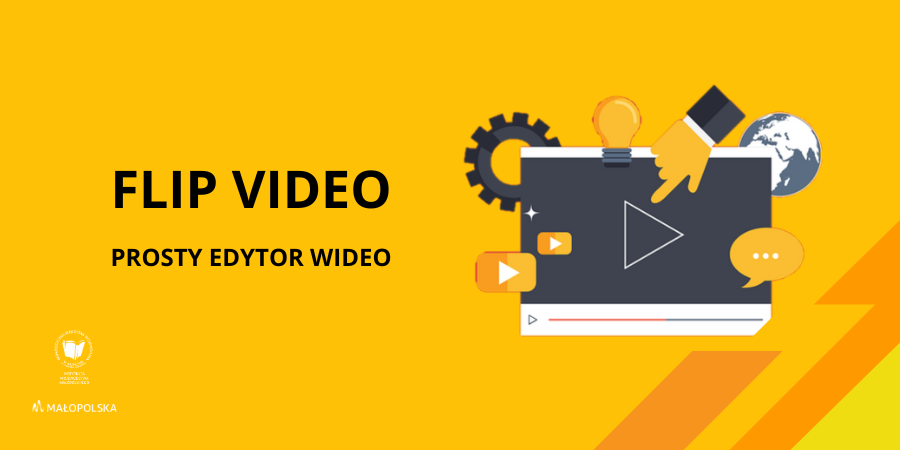 Na żółtym tle grafika z odtwarzaczem video oraz napis Flip video prosty edytor wideo
