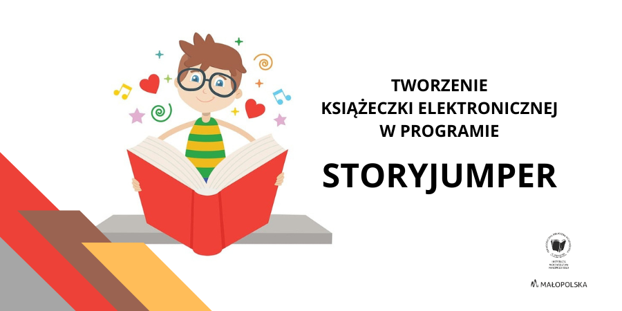 Na białym tle chłopczyk z książka i napis Tworzenie książeczki elektronicznej w programie StoryJumper.