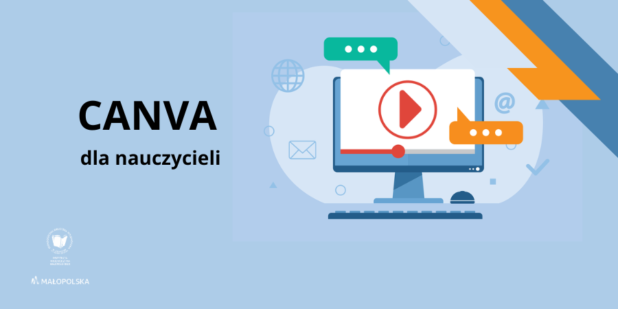 Grafika poglądowa przedstawiająca komputer oraz napis Canva dla nauczycieli.