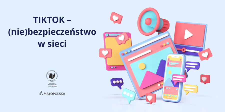 Na grafice różne media oraz tytuł warsztatów TikTok - niebezpieczeństwo w sieci.