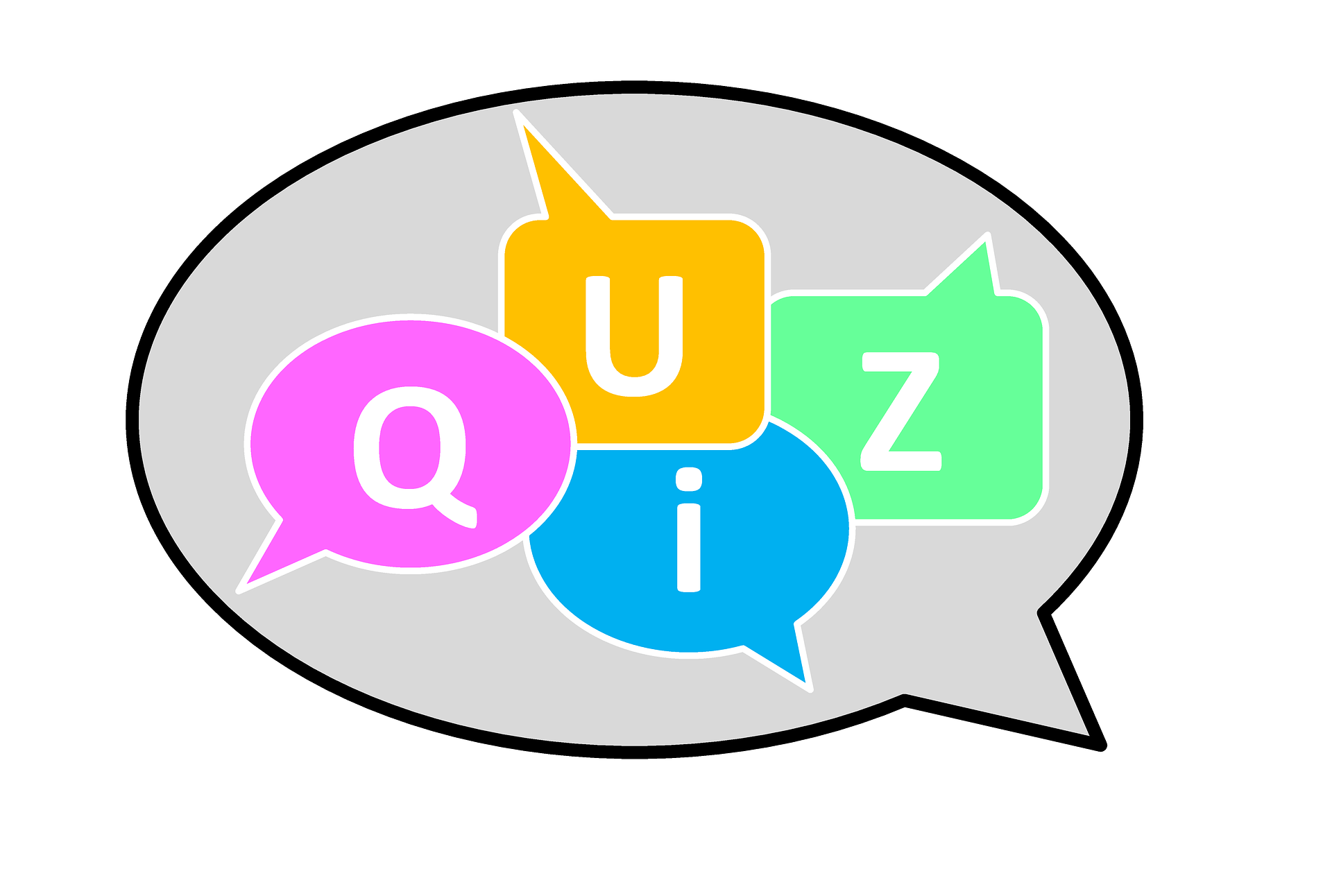 Grafika przedstawia kolorowe dymki z literami QUIZ.