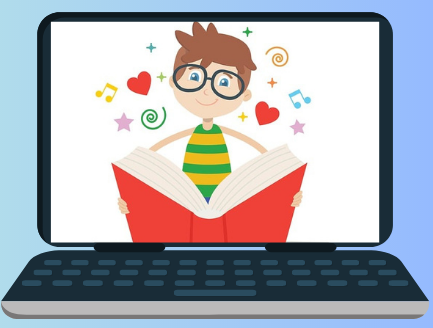 Ilustracja przedstawia ucznia z książką i laptop