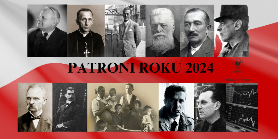 Na biało czerwonym tle sylwetki patronów roku 2024.