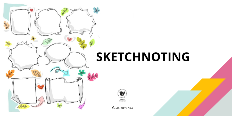 Na białym tle chmurki, ramki, listki i napis Sketchnoting.